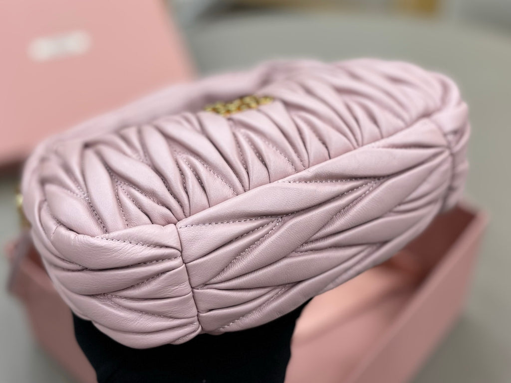 Lavender mini ruched bag with twisted knot front detail and gold hardware