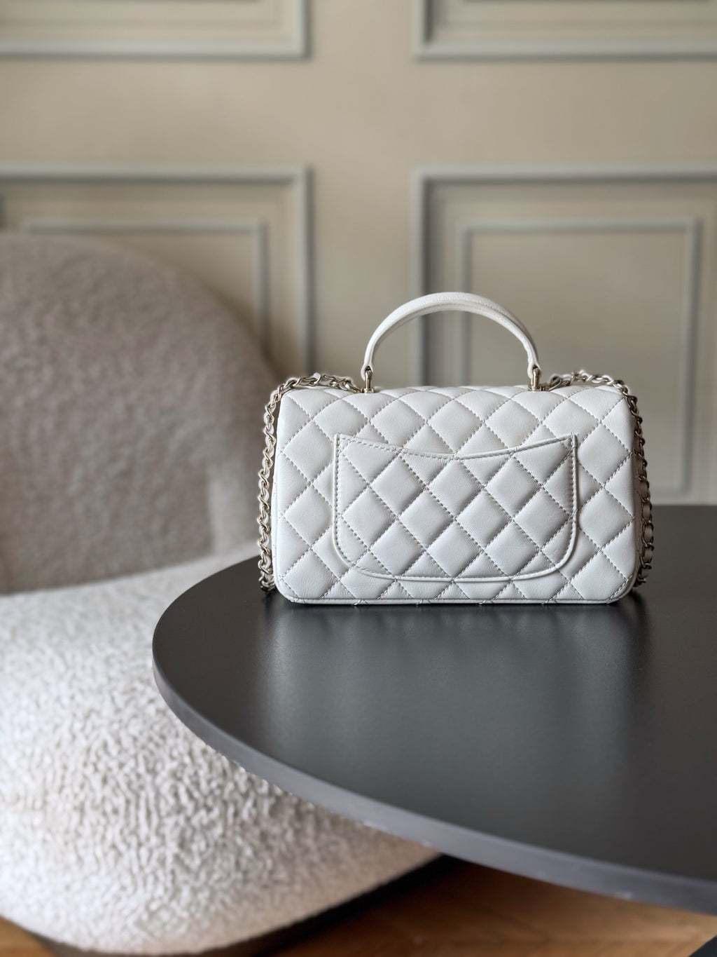 Chanel quilted white mini bag with top handle and chain strap