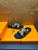 Hermes slide sandals with gray-tan straps and dark footbed, open toe