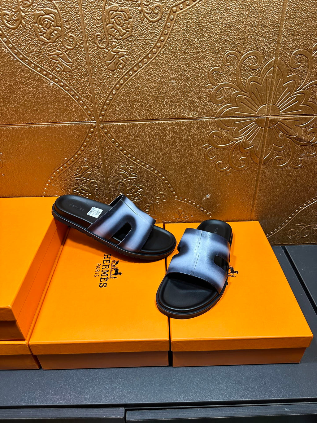 Hermes slide sandals, metallic blue slide strap and black rubber sole