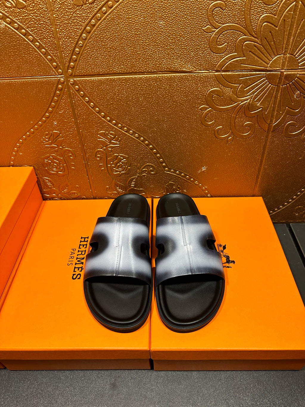 Hermes slide sandals, metallic light blue straps with black sole and footbed