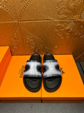 Hermes slide sandals, metallic light blue straps with black sole and footbed