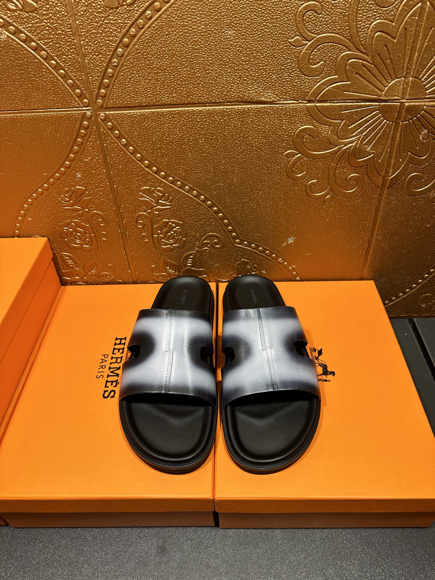 Hermes slide sandals, metallic light blue straps with black sole and footbed