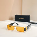 Versace rectangular sunglasses, amber lenses, gold-tone frames with logo detail