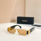 Versace rectangular sunglasses with amber lenses and champagne-gold frames, dark temples