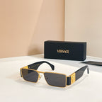 Versace rectangular sunglasses with dark smoke lenses and gold frames, decorative temple emblem