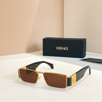 Versace rectangular sunglasses with brown lenses and gold frames, patterned dark temples