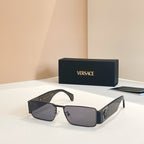 Versace rectangular sunglasses with dark lenses and dark frames, metal bridge detail