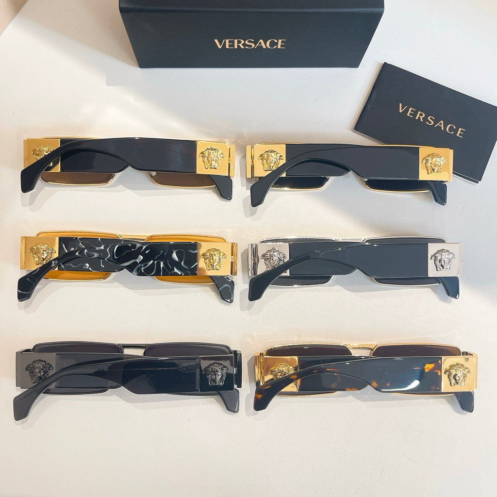 Versace sunglasses assortment with black, brown, and gold-tone frames, rectangular styles