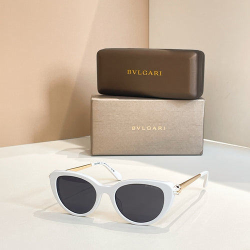 Bvlgari sunglasses with white frames and dark oval lenses, gold-tone hinge detail