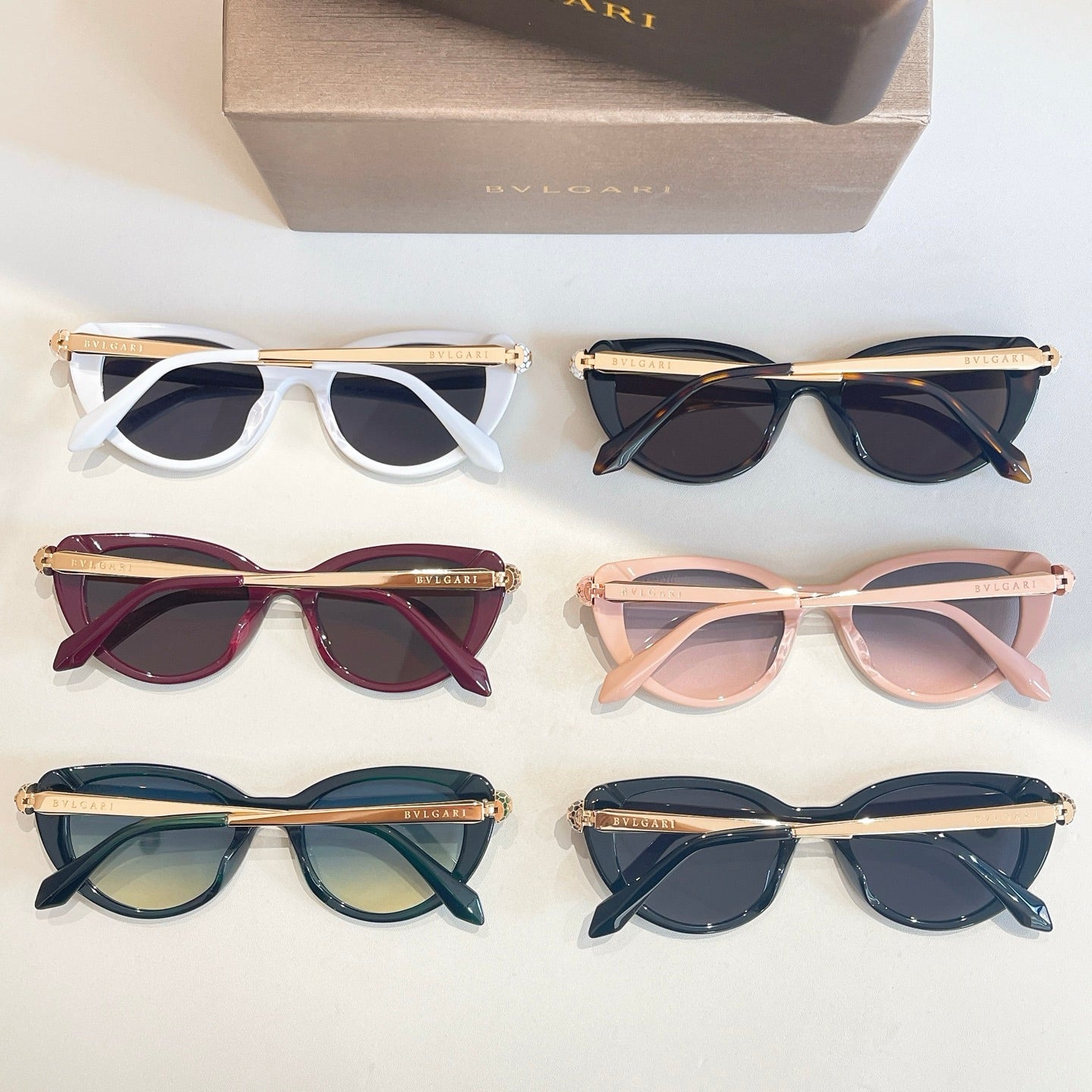 Bvlgari sunglasses lineup of six pairs with mixed frames and dark lenses