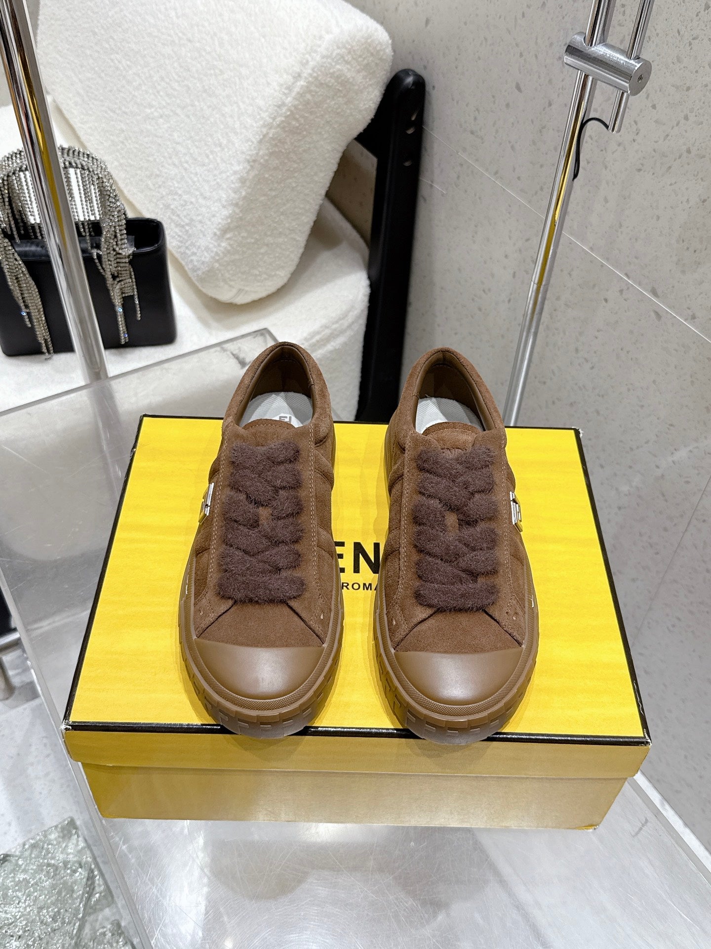 Brown suede sneakers with fuzzy laces and rubber sole, Fendi logo detail