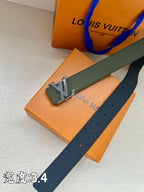 Dark green leather belt with silver buckle detail and punched holes