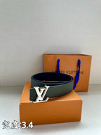 Dark green leather belt with silver LV buckle and textured leather strap