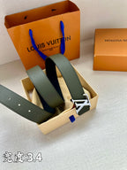 Dark green leather belt with silver buckle and two strap ends visible