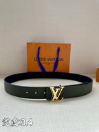 Dark green leather belt with silver LV buckle and five eyelet holes