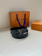 Monogram belt with dark blue check strap and gold-tone buckle