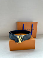 Monogram belt with dark blue check strap and gold-tone buckle