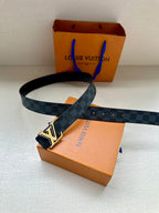 Monogram belt, dark blue check strap with gold-tone buckle and adjustable end