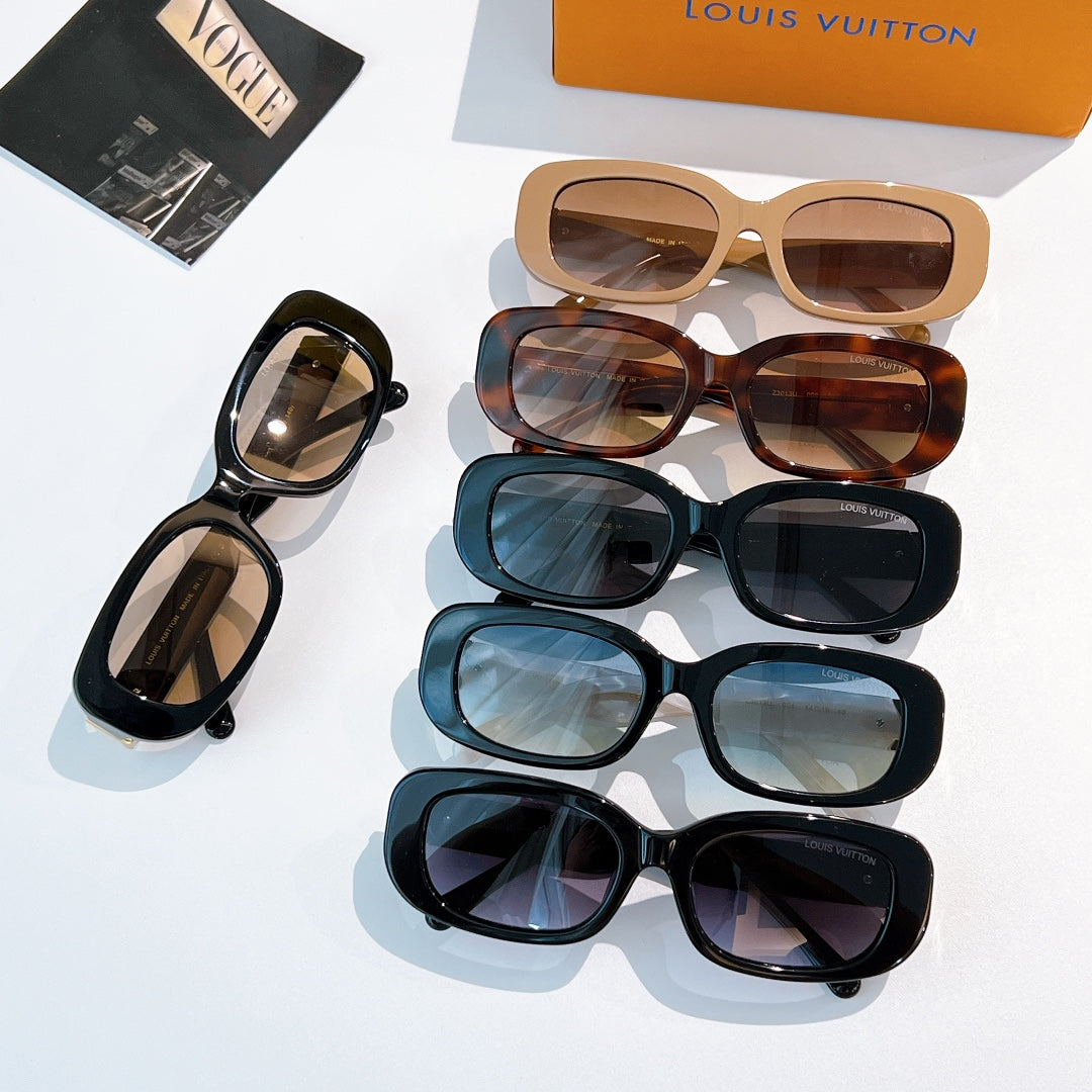 Louis Vuitton sunglasses assortment with tan, tortoiseshell, blue, black, and tinted lenses