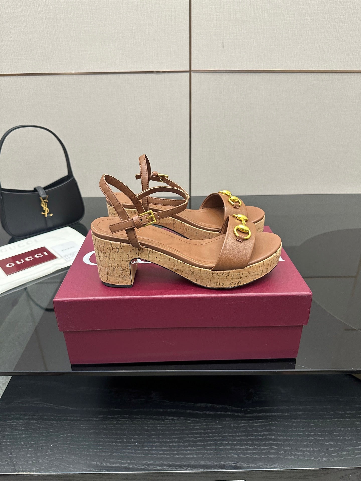 Gucci ladies tan platform sandals with ankle strap, gold buckle hardware and block heel