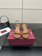 Gucci ladies platform sandals, tan leather with gold buckle strap and cork-style sole
