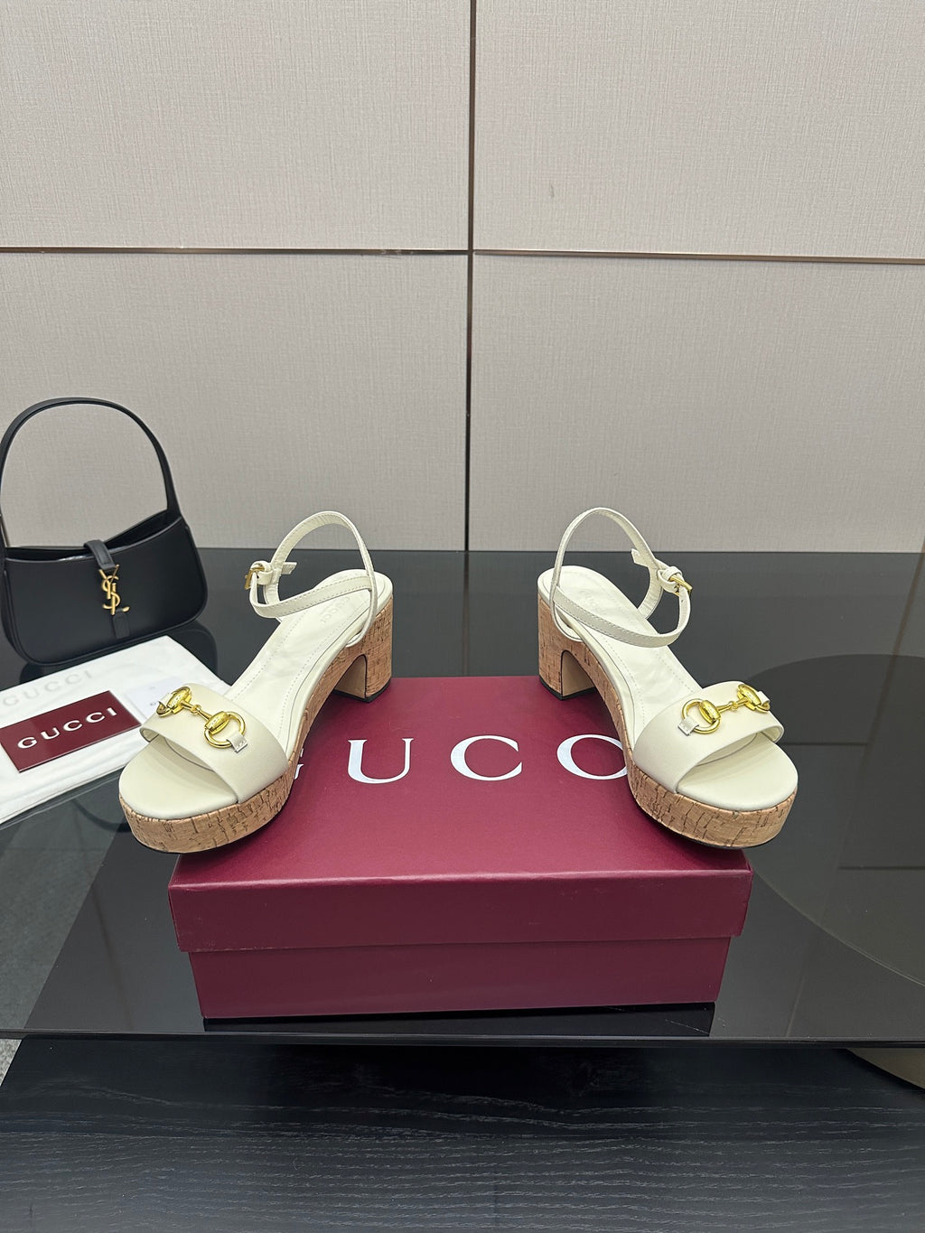 Gucci white heeled slingback sandals with gold horsebit hardware