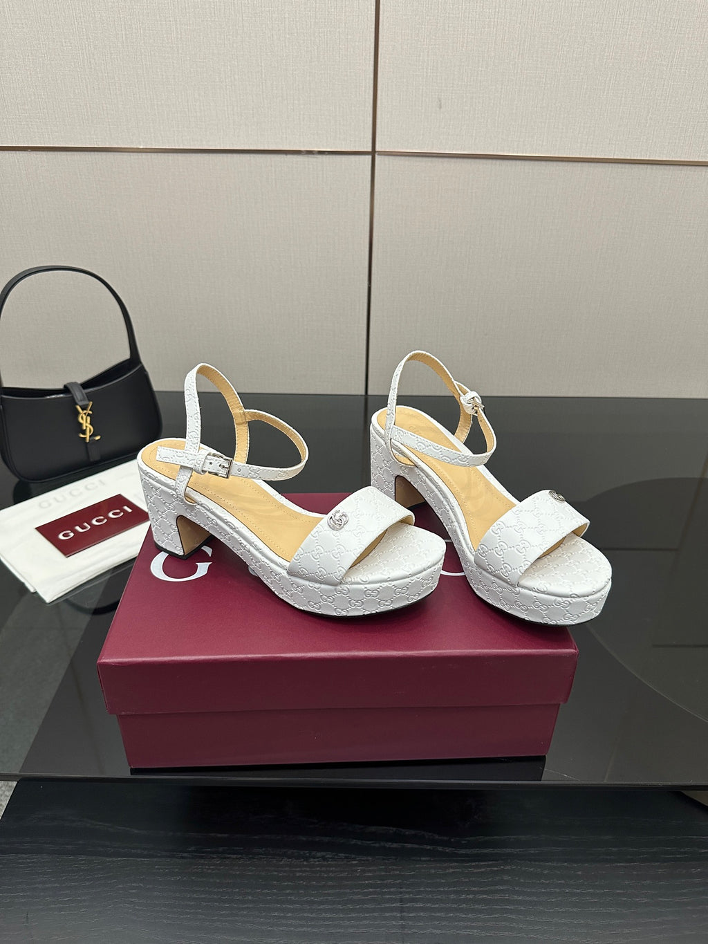 Gucci ladies white platform slingback sandals, open toe, mid-height block heel