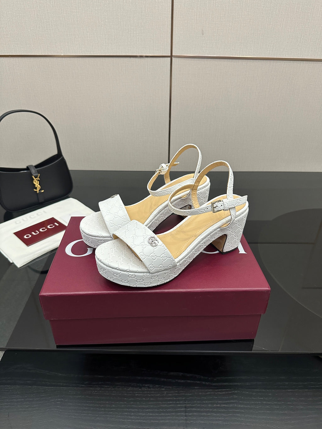 Gucci ladies white textured leather slingback sandals with ankle strap and chunky heel