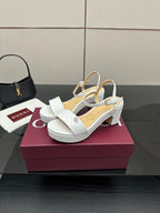 Gucci ladies white textured leather slingback sandals with ankle strap and chunky heel