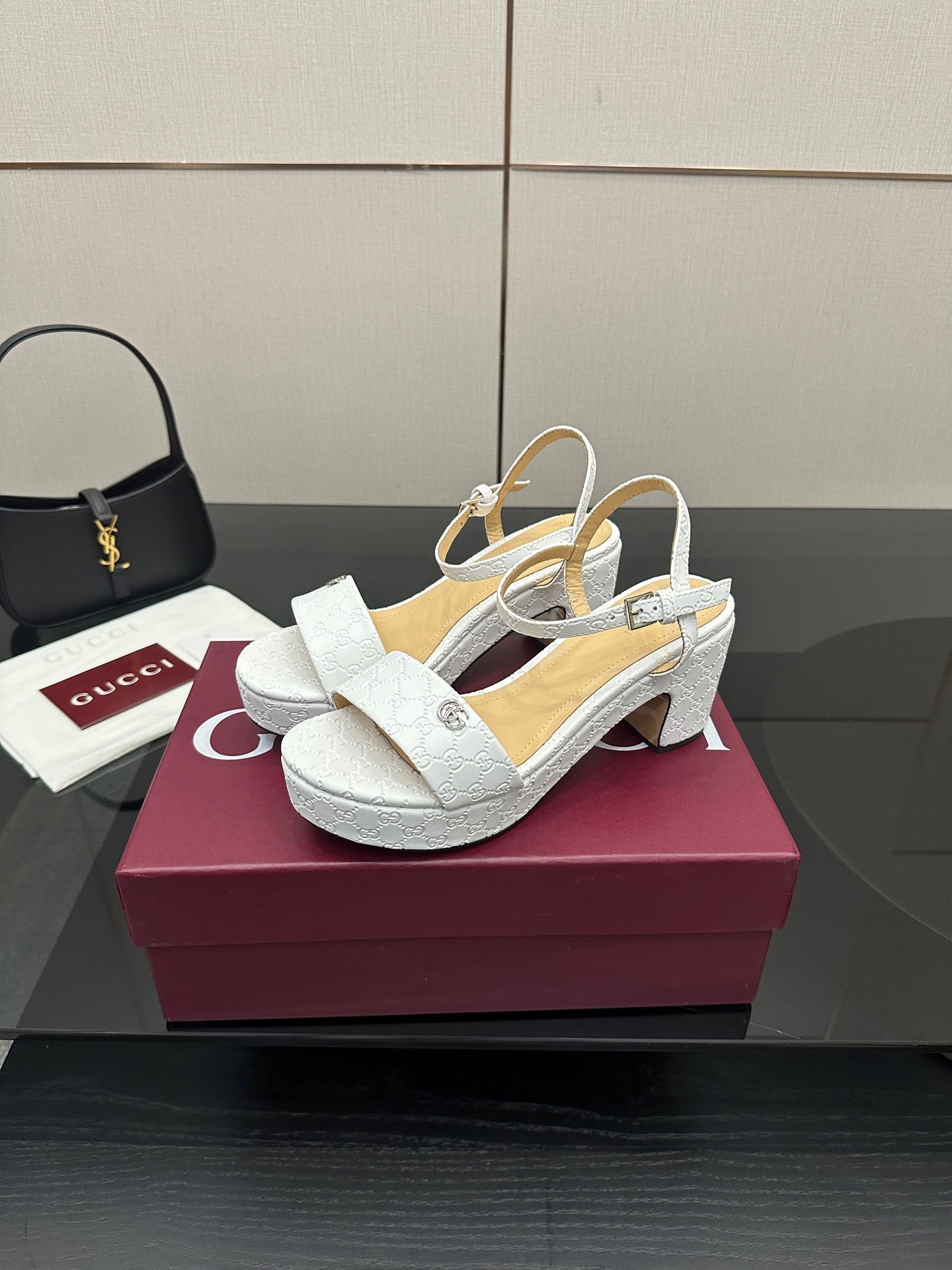 Gucci ladies white textured leather slingback sandals with ankle strap and chunky heel
