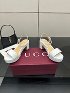 Gucci ladies white open-toe slingback sandals with block heel and ankle strap
