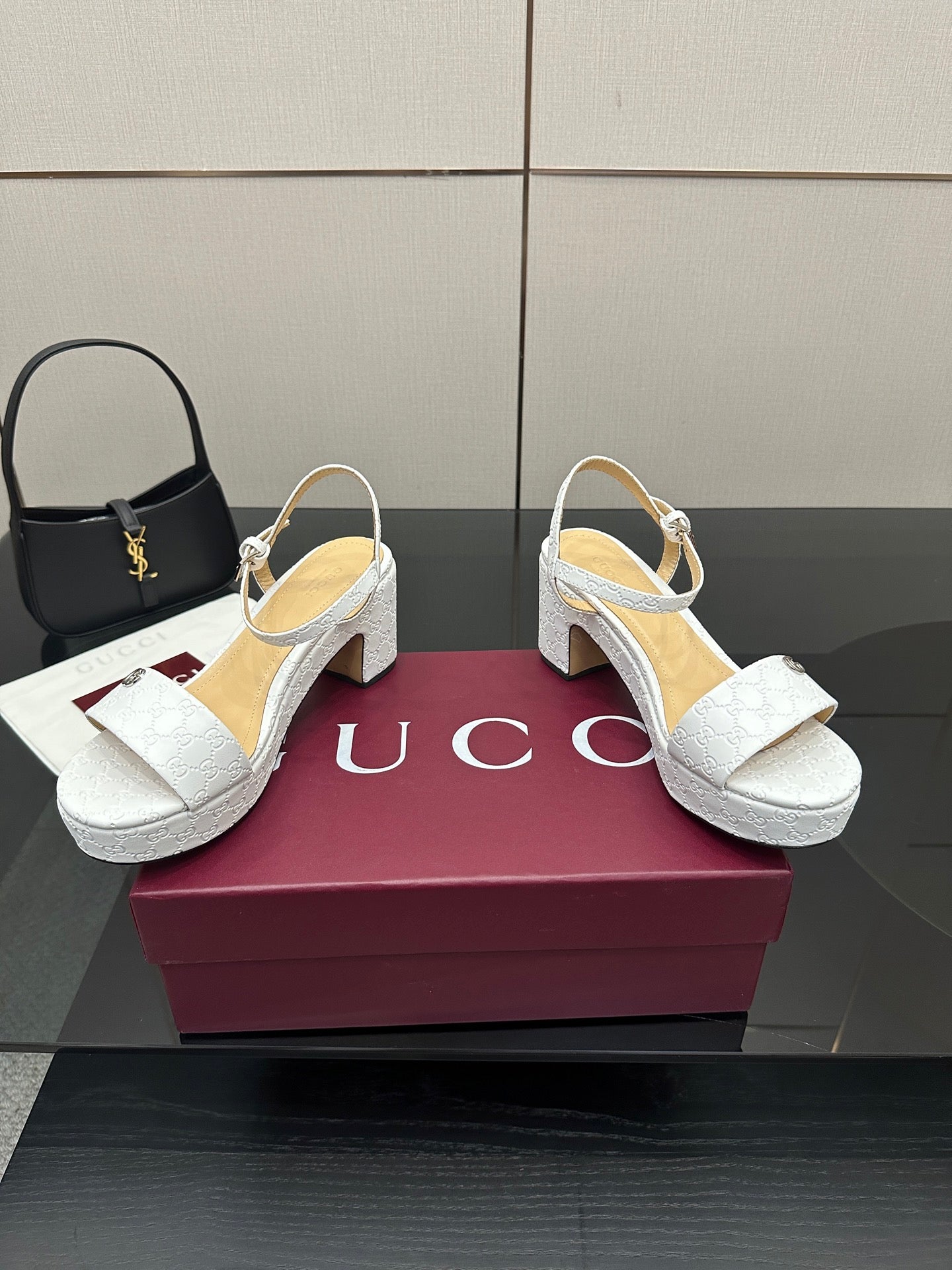Gucci ladies white open-toe slingback sandals with block heel and ankle strap