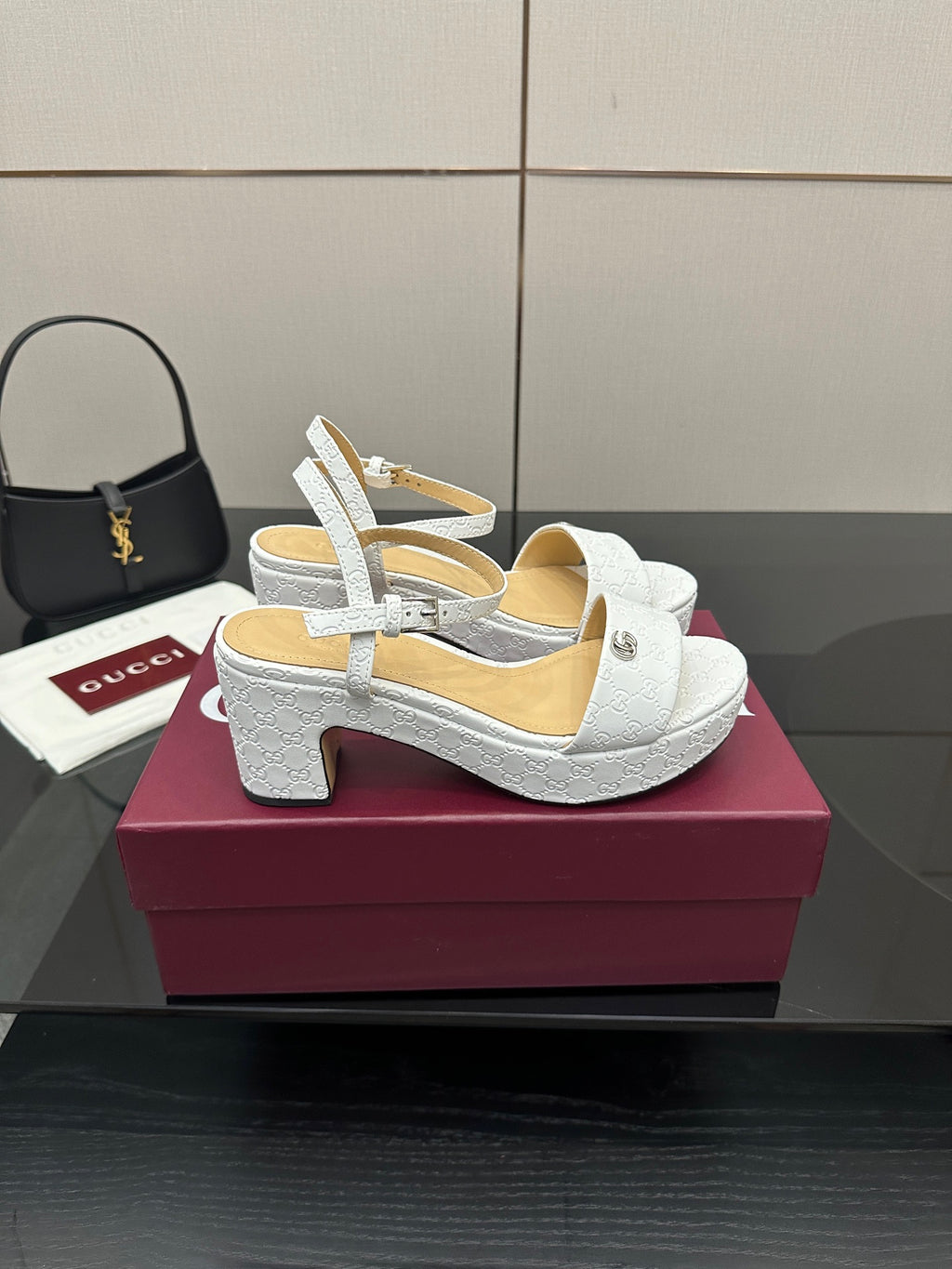 Gucci ladies white platform slingback sandals with ankle strap and mid-height block heel