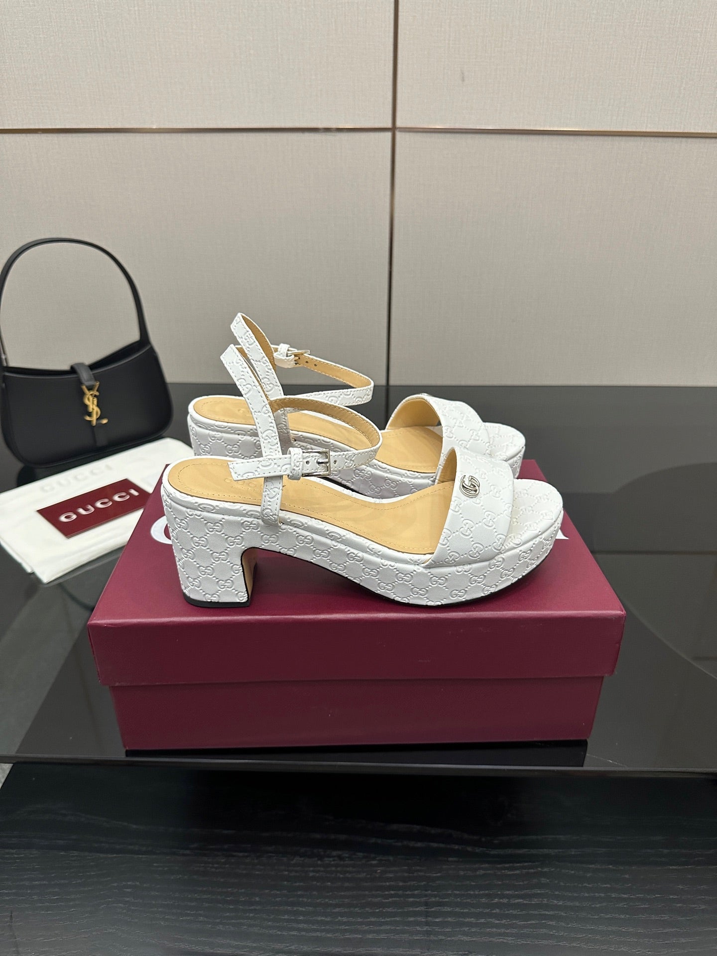Gucci ladies white platform slingback sandals with ankle strap and mid-height block heel