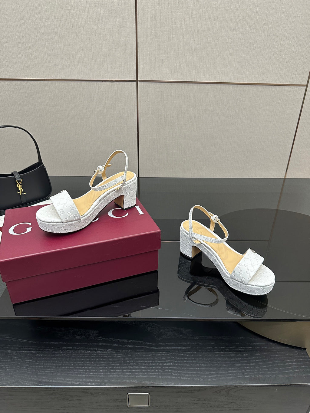 Gucci ladies white slingback sandal, open toe, ankle strap, block heel