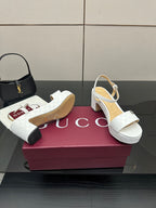 Gucci ladies white textured slingback sandals, block heel, wide top strap