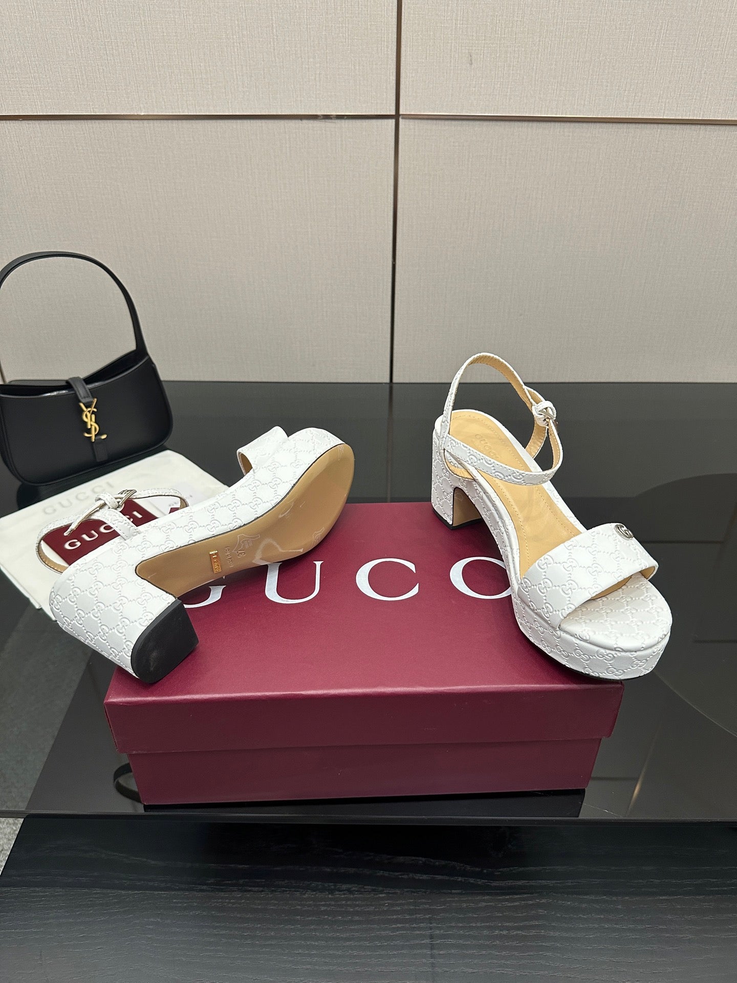 Gucci ladies white textured slingback sandals, block heel, wide top strap