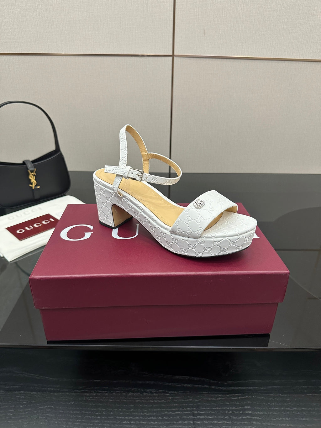 Gucci ladies white textured platform slingback sandal with ankle strap and block heel