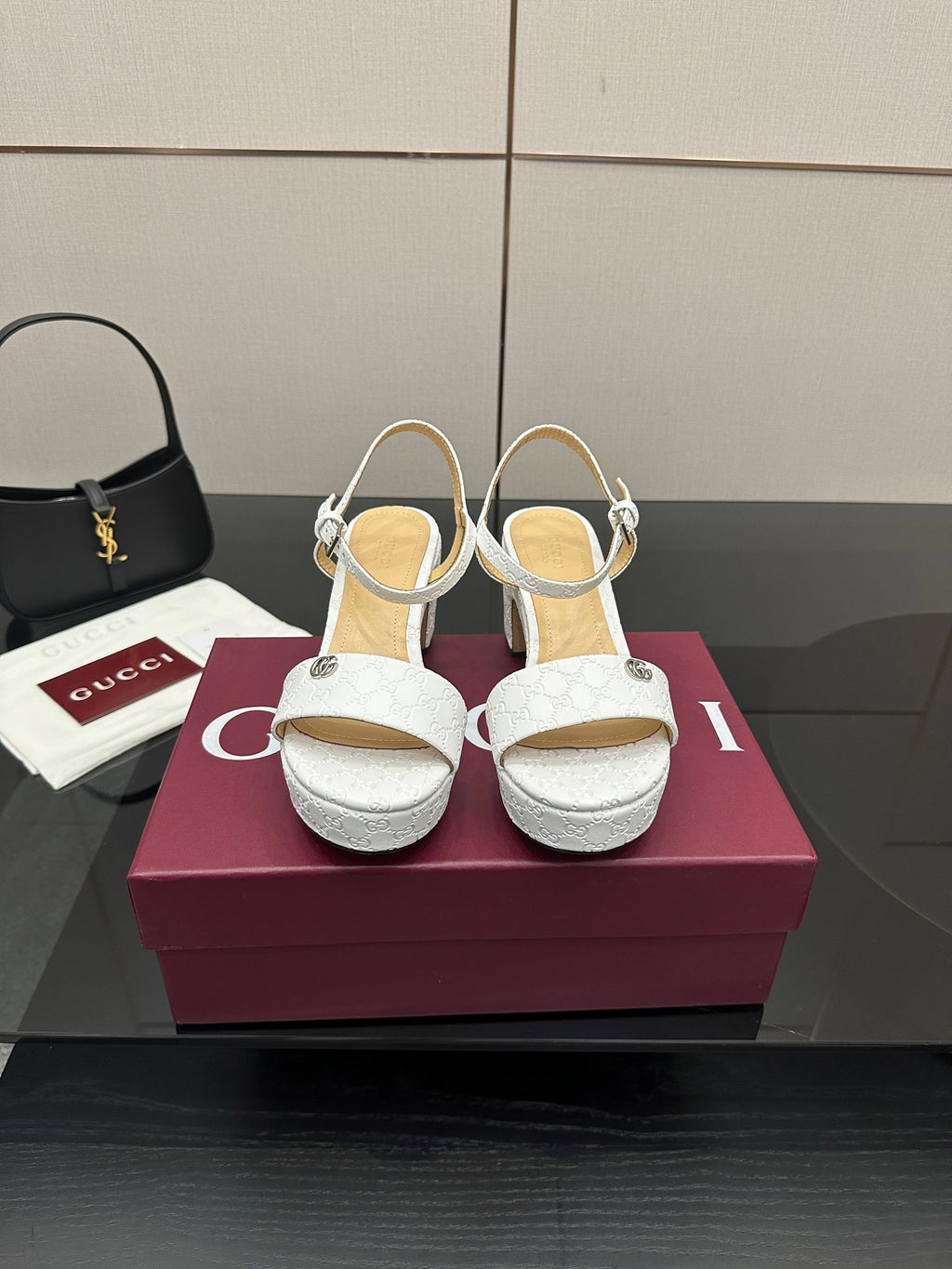 Gucci ladies platform slingback sandals in white textured leather, low block heel
