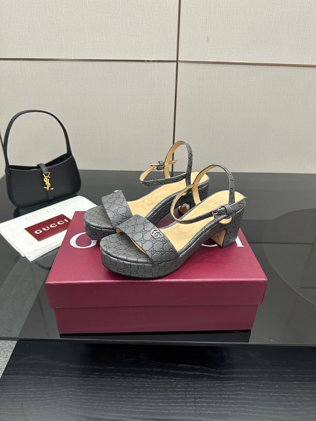 Gucci ladies platform heeled sandals in gray monogram canvas with ankle strap