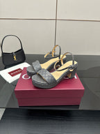Gucci ladies platform heeled sandals in gray monogram canvas with ankle strap