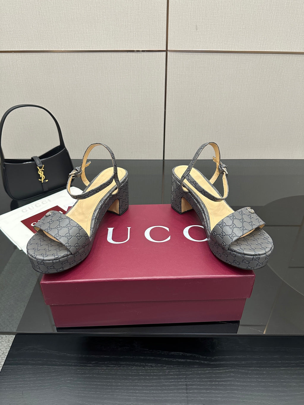 Gucci ladies gray monogram heeled sandals with open toe and slingback straps