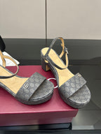 Gucci ladies platform heeled sandals in gray monogram canvas, close-up of straps