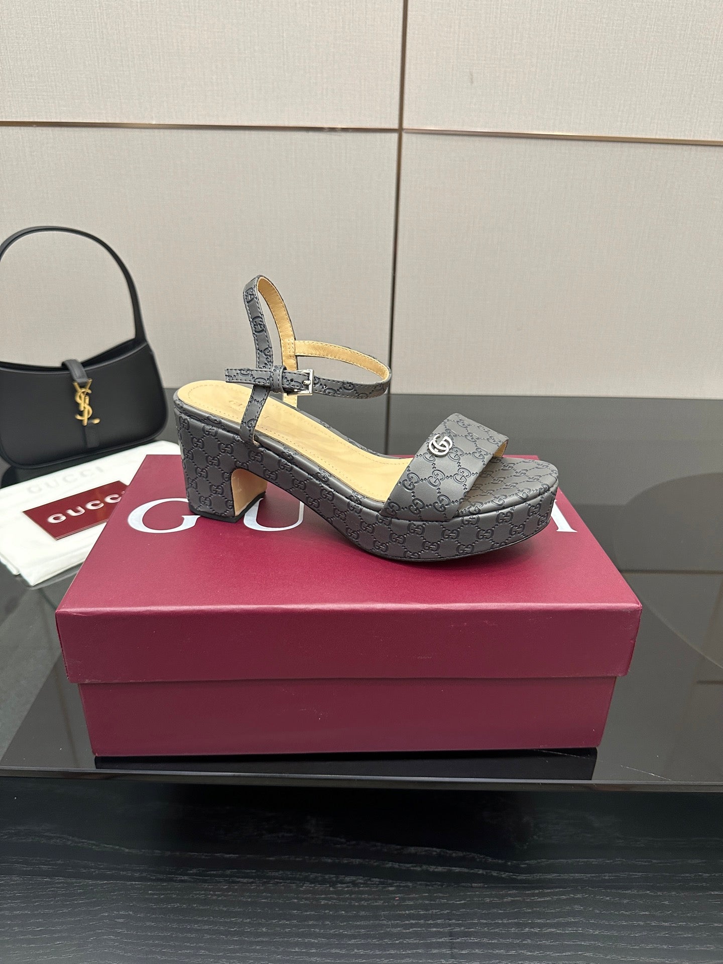 Gucci ladies gray monogram platform sandals with thick block heel and slingback