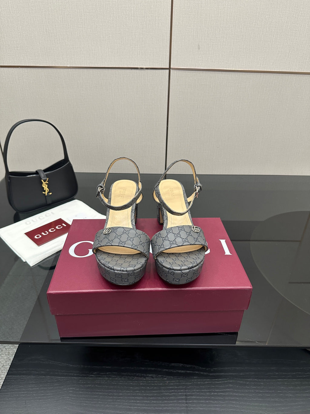 Gucci ladies platform heeled sandals in gray monogram canvas with slingback straps