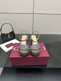 Gucci ladies platform heeled sandals in gray monogram canvas with slingback straps