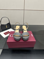 Gucci ladies platform heeled sandals in gray monogram canvas with slingback straps