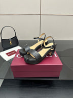 Gucci black platform heeled sandals with ankle strap and GG monogram texture