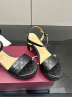 Gucci black leather-look sandals with ankle strap and GG logo pattern